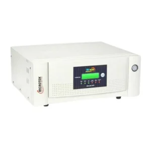 Microtek SEBz 1100 UPS front view showing display and buttons , Microtek SEBz 1100 UPS in use with battery connection , Digital display of Microtek SEBz 1100 UPS showing charging status.