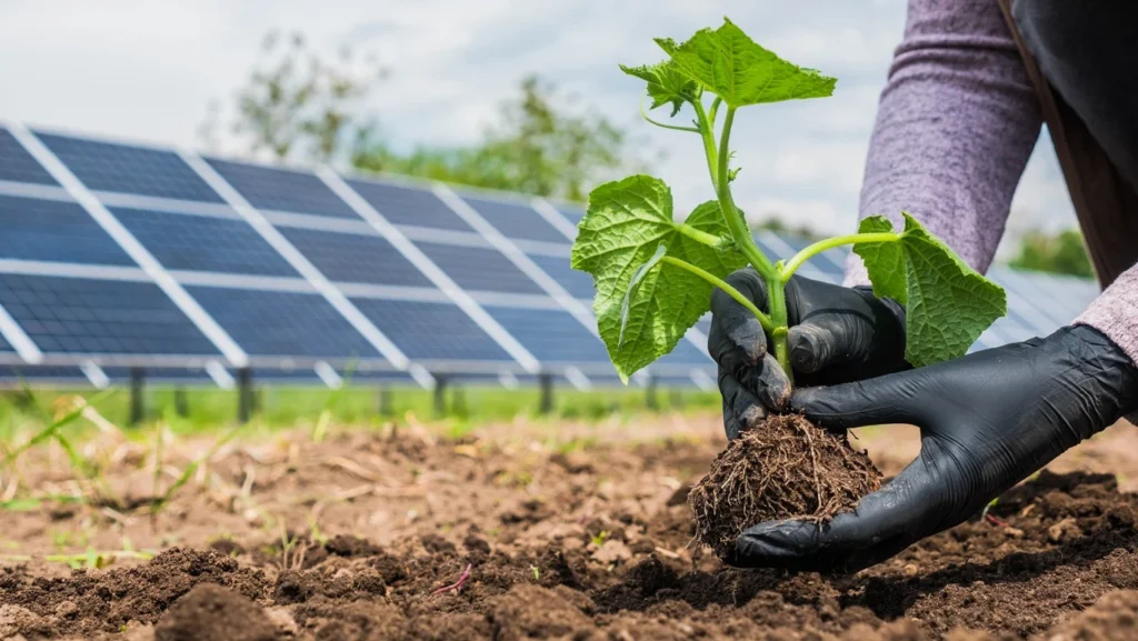 Solar energy installed on farmland providing power to irrigation systems , Farmer using solar-powered water pump in an agricultural field.